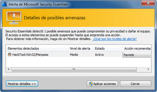 Antivirus detectando MessenPass como hacktool