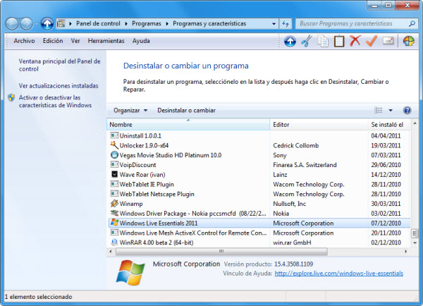 Desinstalar Windows Live Essentials